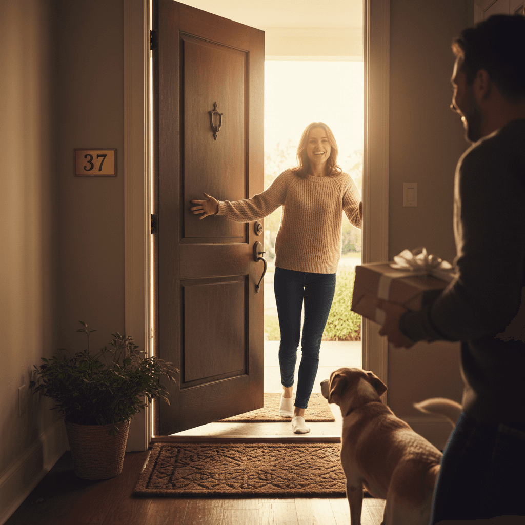 Person opening their front door to greet a visitor warmly