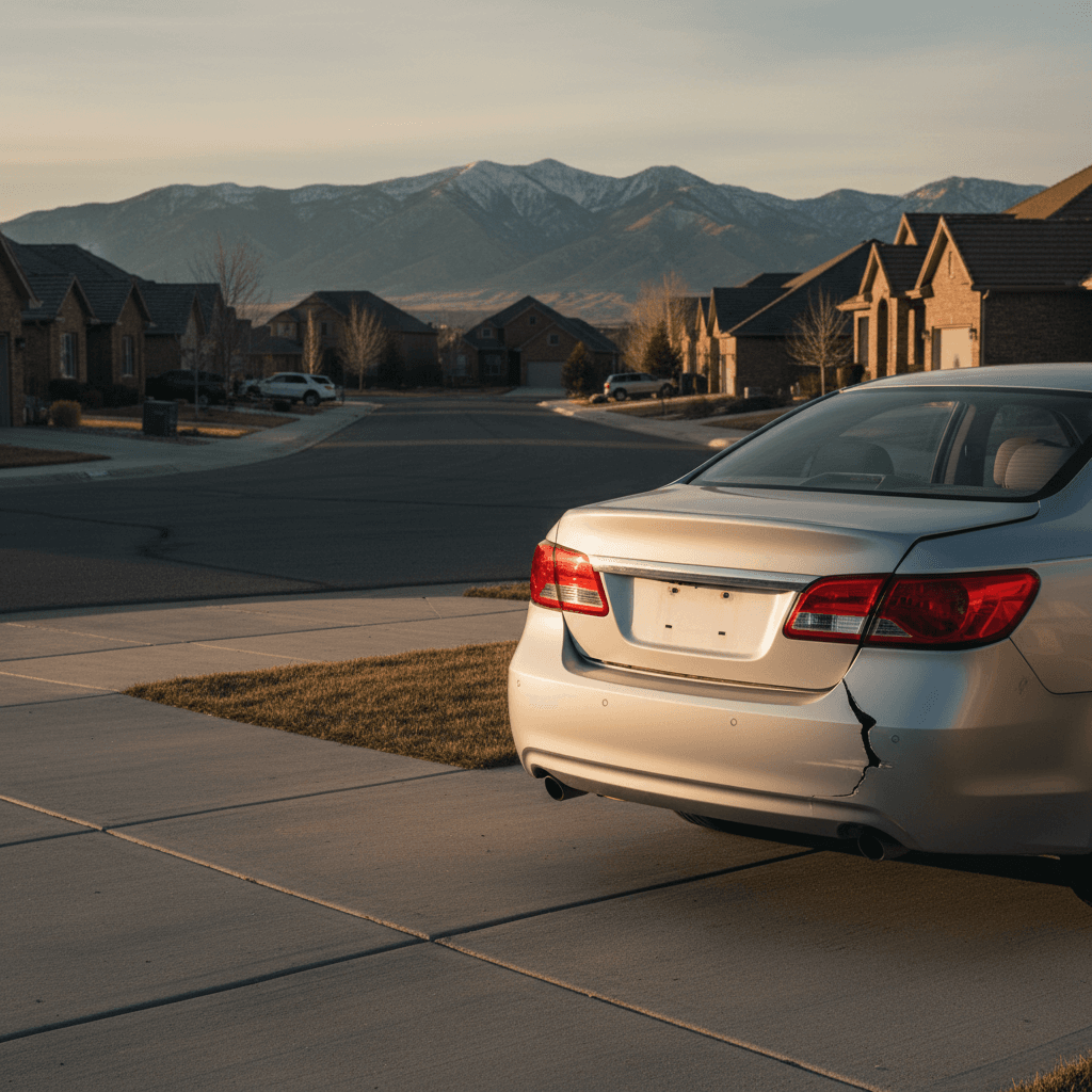Sedan with rear-end damage parked in a suburban driveway