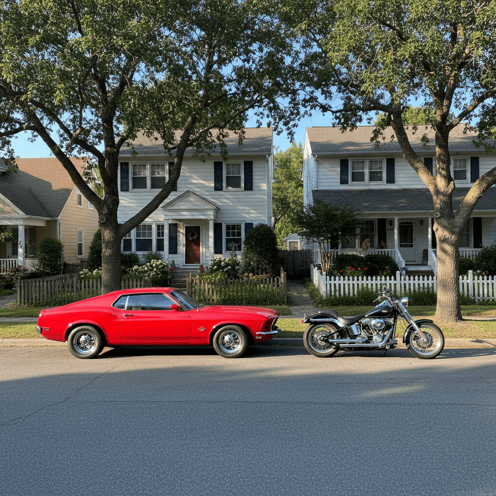 Car and motorcycle parked on a quiet residential street