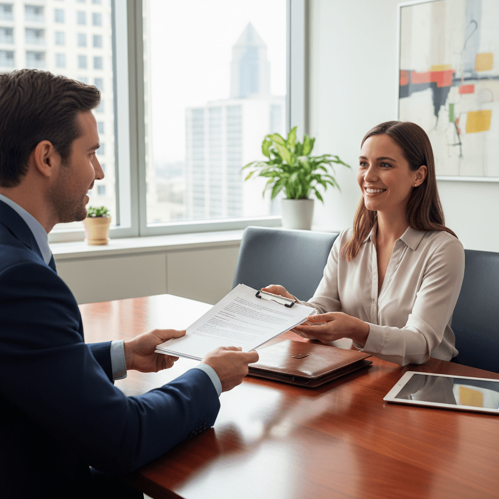 Professional handing paperwork to client with welcoming gesture
