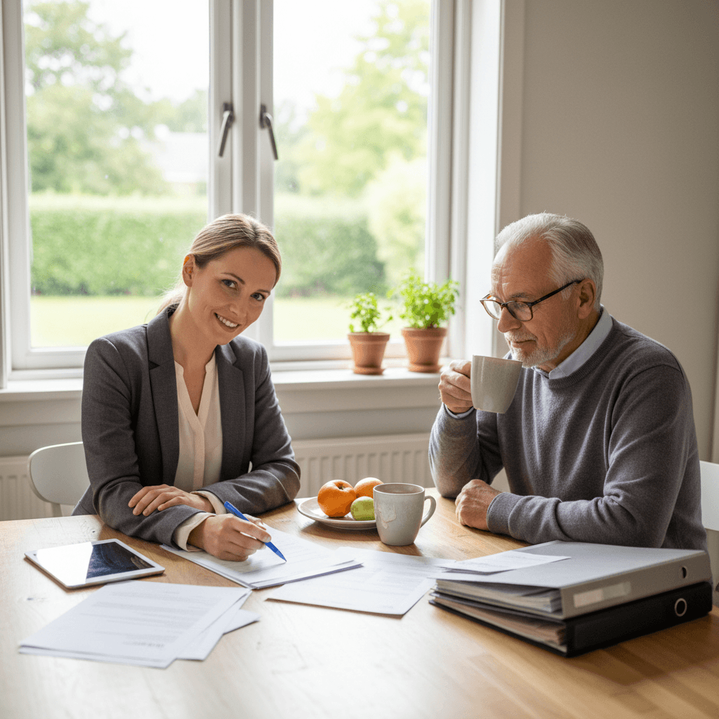 After Hours Intake Utah representative sitting with a client at a kitchen table, reviewing paperwork together