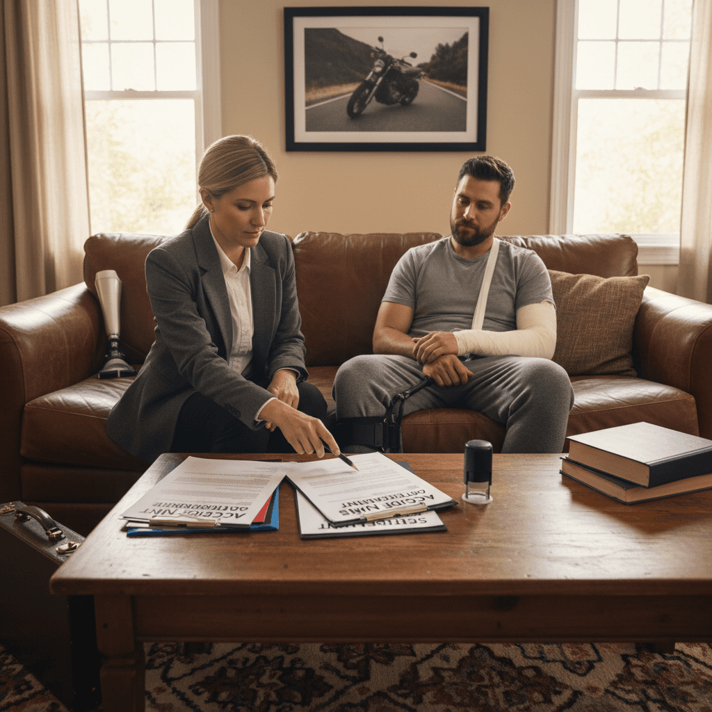 Notary and client reviewing paperwork at a home table