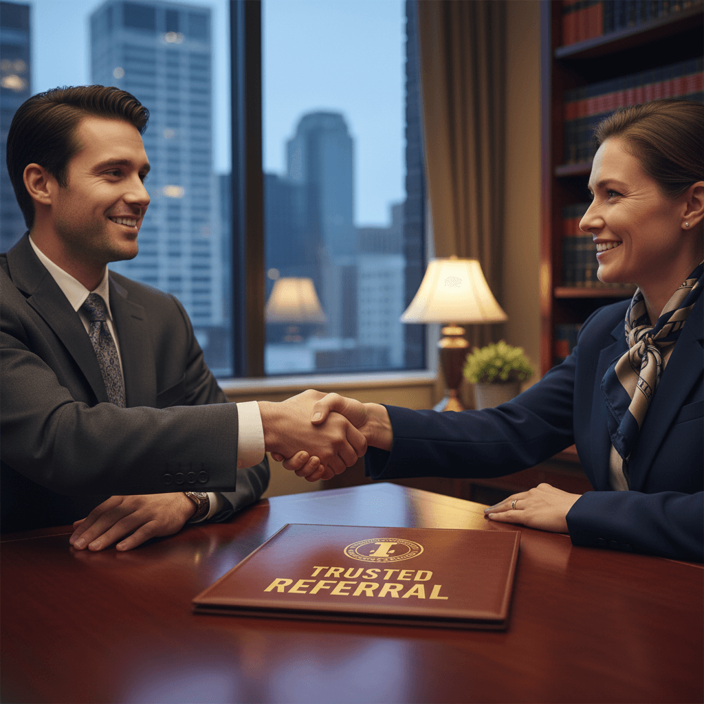 Firm handshake between an accident victim and a personal injury attorney, representing a trusted vetted referral