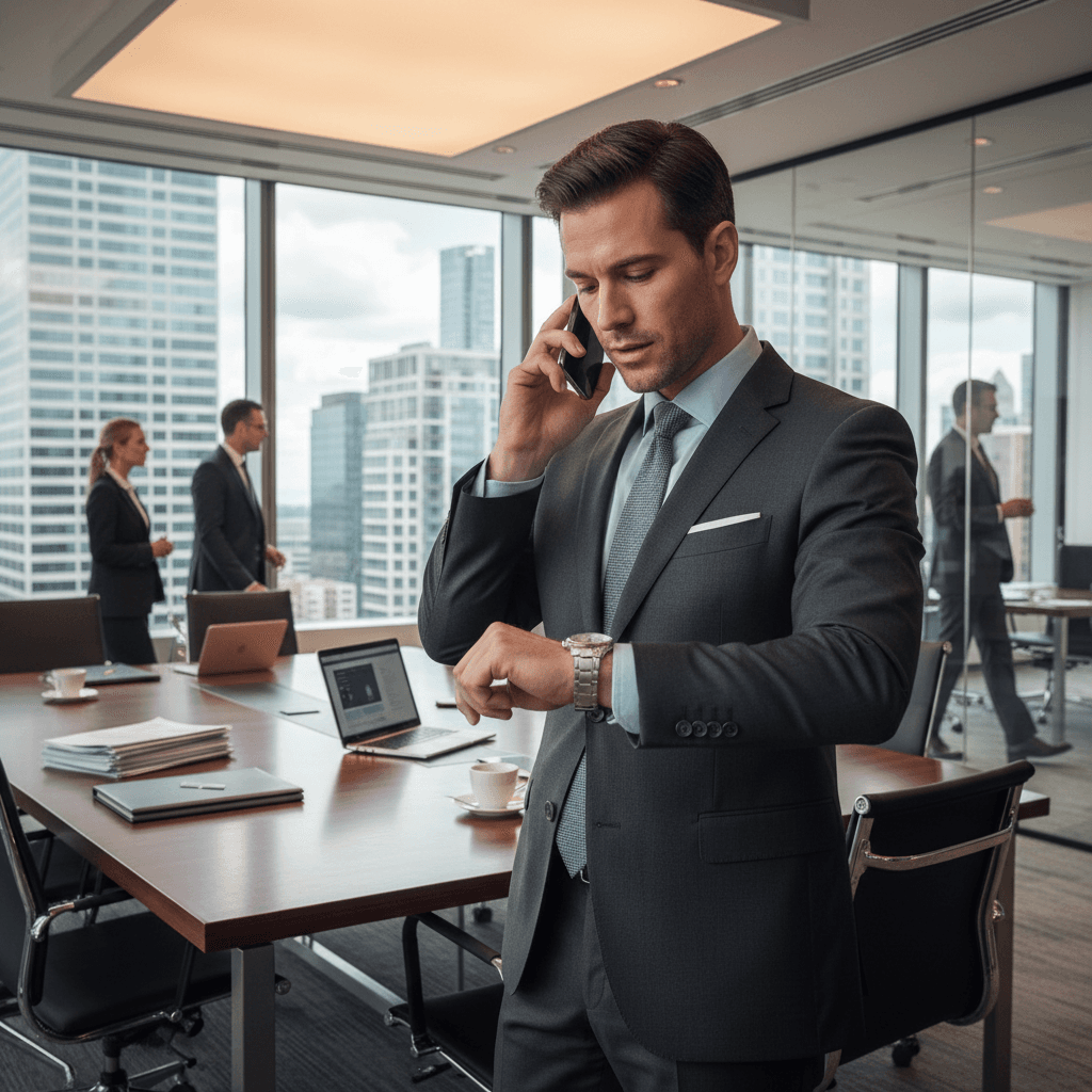 Person checking a watch and answering a phone in a professional setting