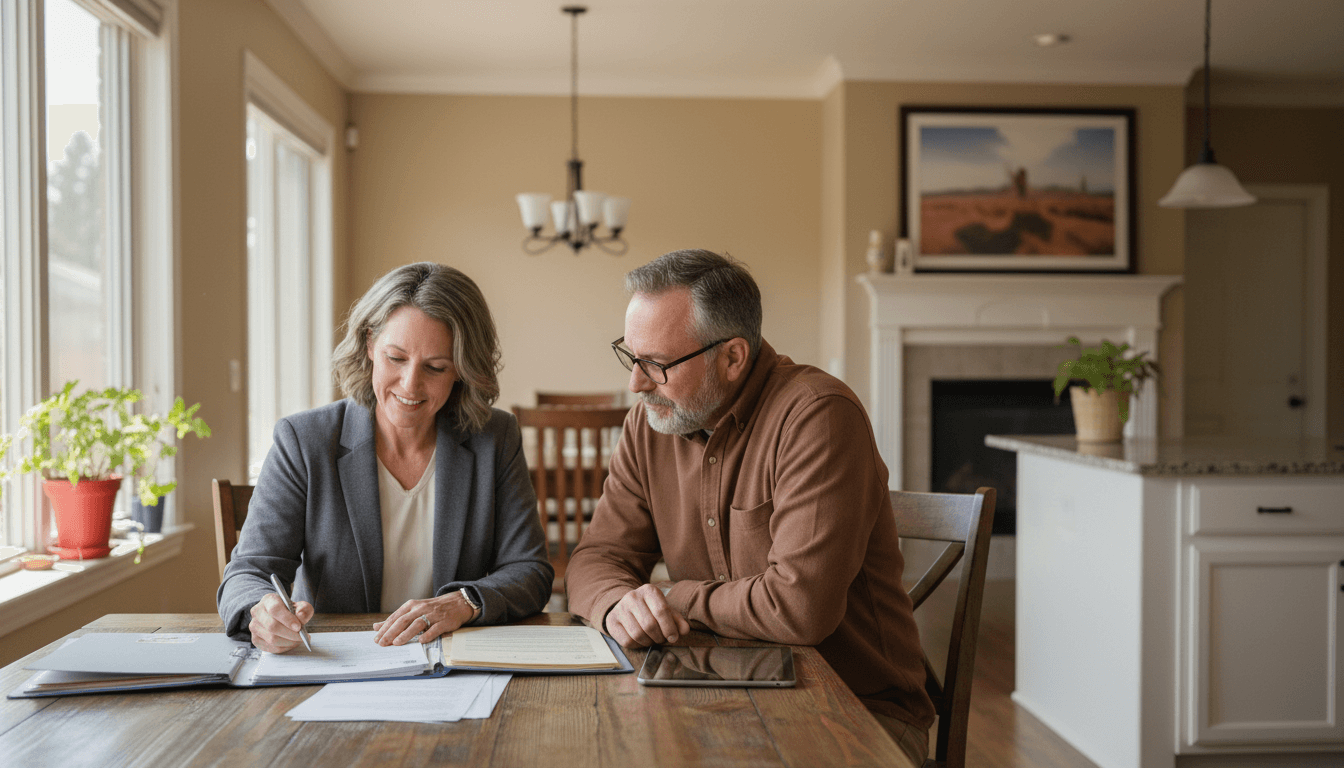 Professional assessor reviewing claim documents with a homeowner at a kitchen table