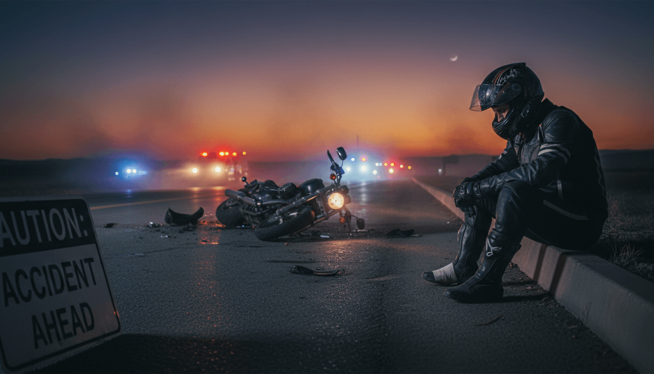 Person in motorcycle gear sitting on a curb after a crash, bike on the road behind them