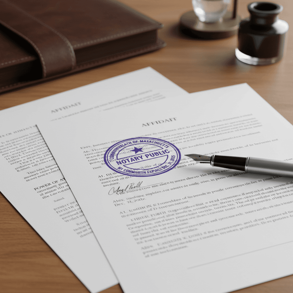 Notary stamp and official paperwork on a desk with a pen