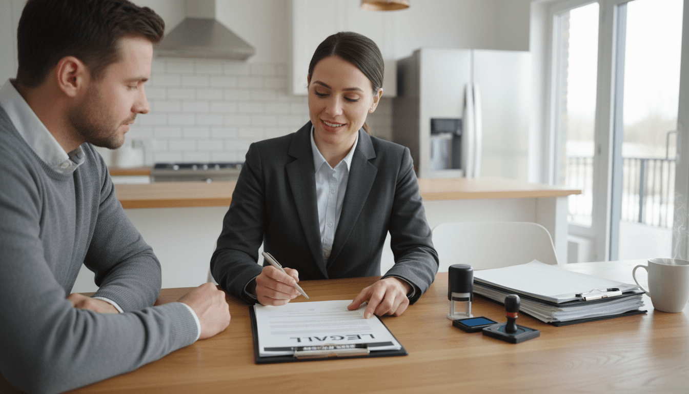 Mobile notary signing paperwork with a client at their home table
