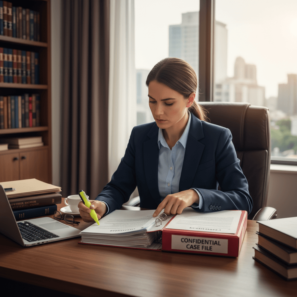 Male attorney in suit reviewing a case file in a bright law office