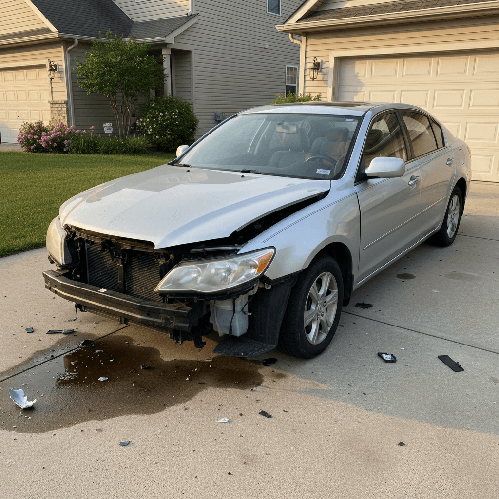 Car with significant front-end damage parked in a driveway