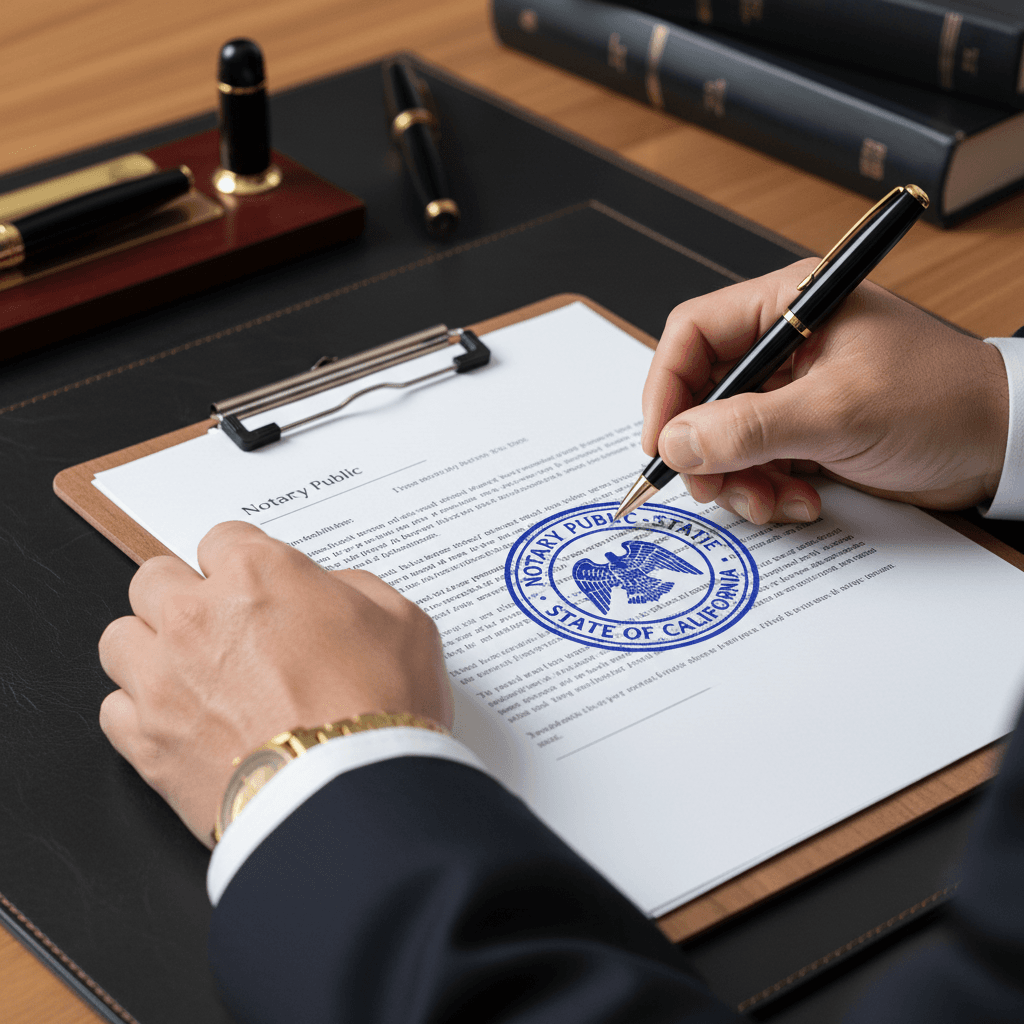 Hand signing a legal document next to a notary stamp on a clipboard