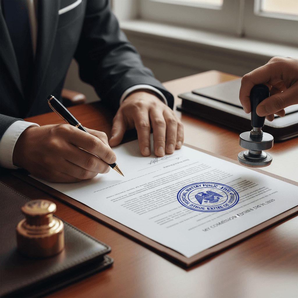 Person signing an official document with a notary stamp nearby