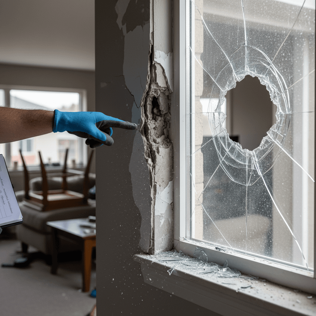 Close-up of structural damage to walls and windows