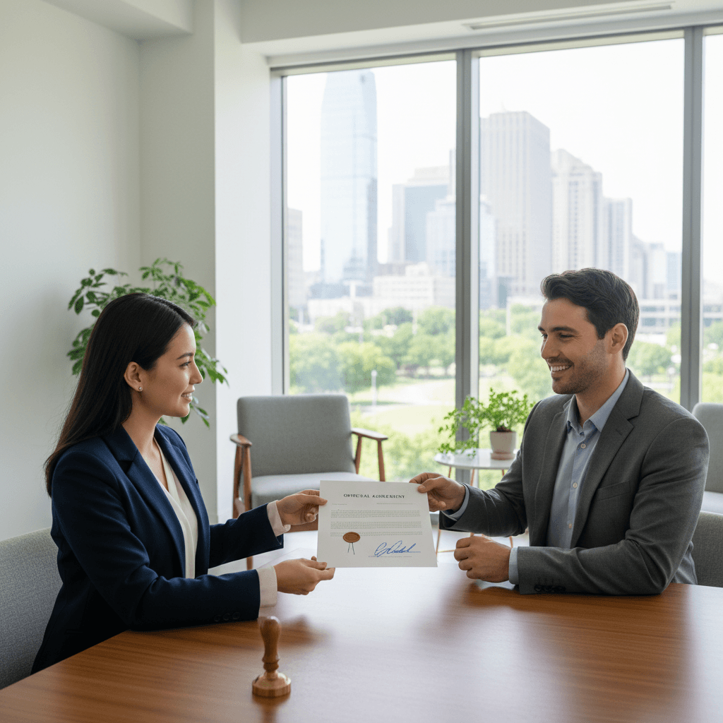 Notary handing a signed document to a client across a table