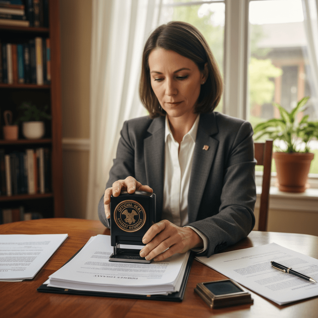 Certified mobile notary stamping a document at a home table