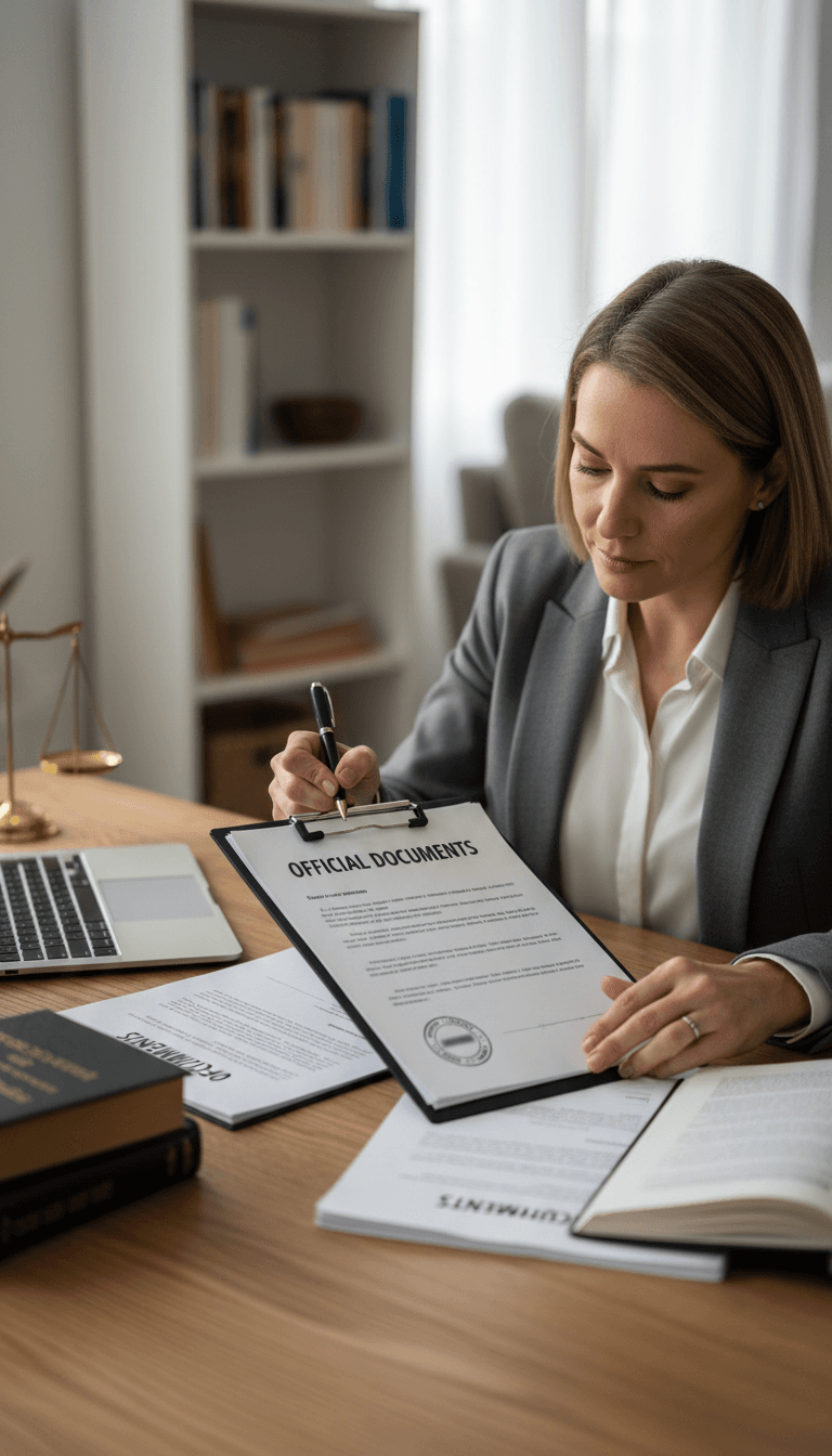 Certified mobile notary reviewing paperwork at a client's home