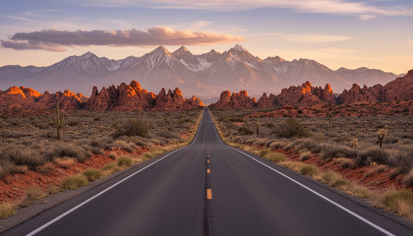 Open road across Utah desert with mountains in the distance