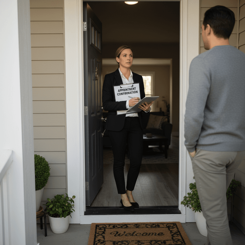 Professional meeting client at front door with clipboard