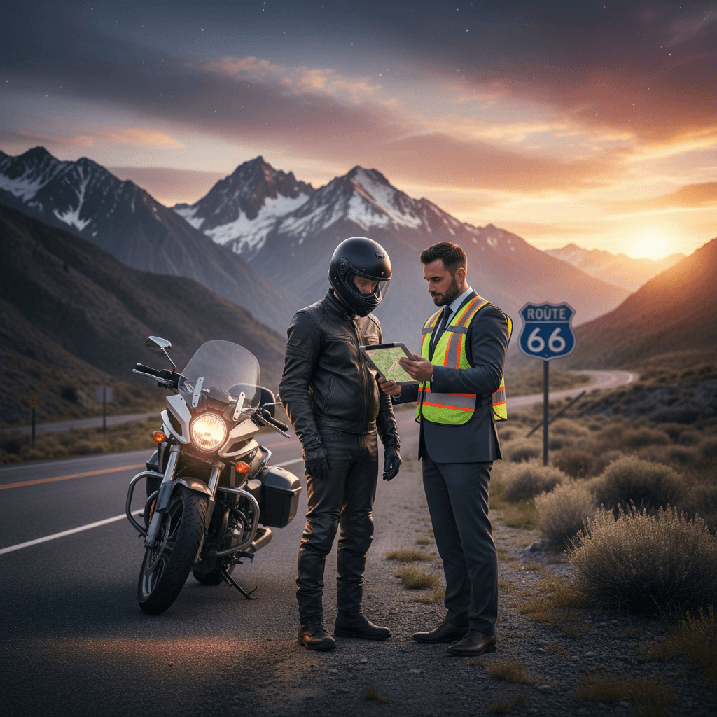 Motorcyclist talking with a professional on a roadside near mountains at dusk