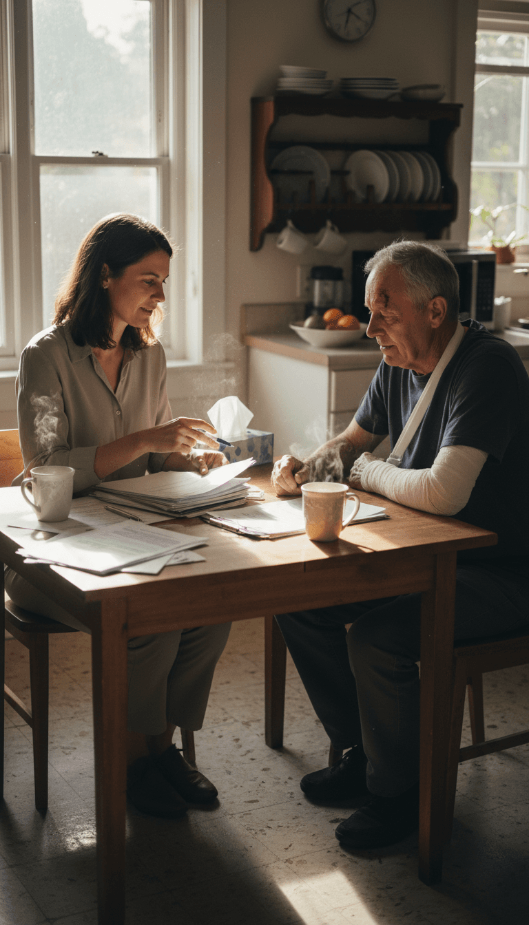 After Hours Intake Utah staff member reviewing accident paperwork with a client in their home