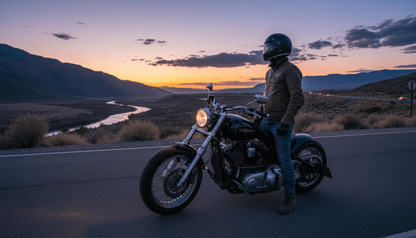 Motorcycle rider standing by bike on a quiet road at dusk