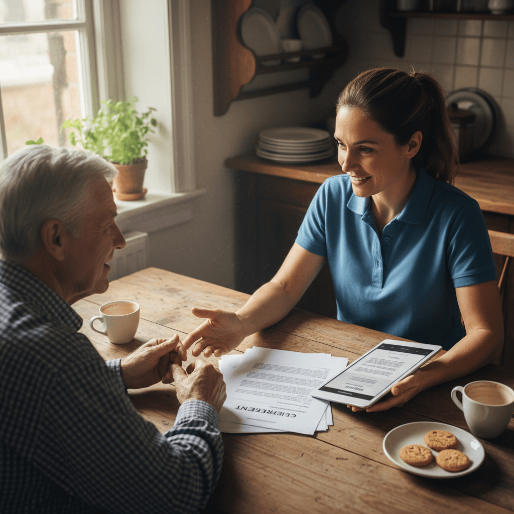 Field representative seated at a kitchen table reviewing documents with a client