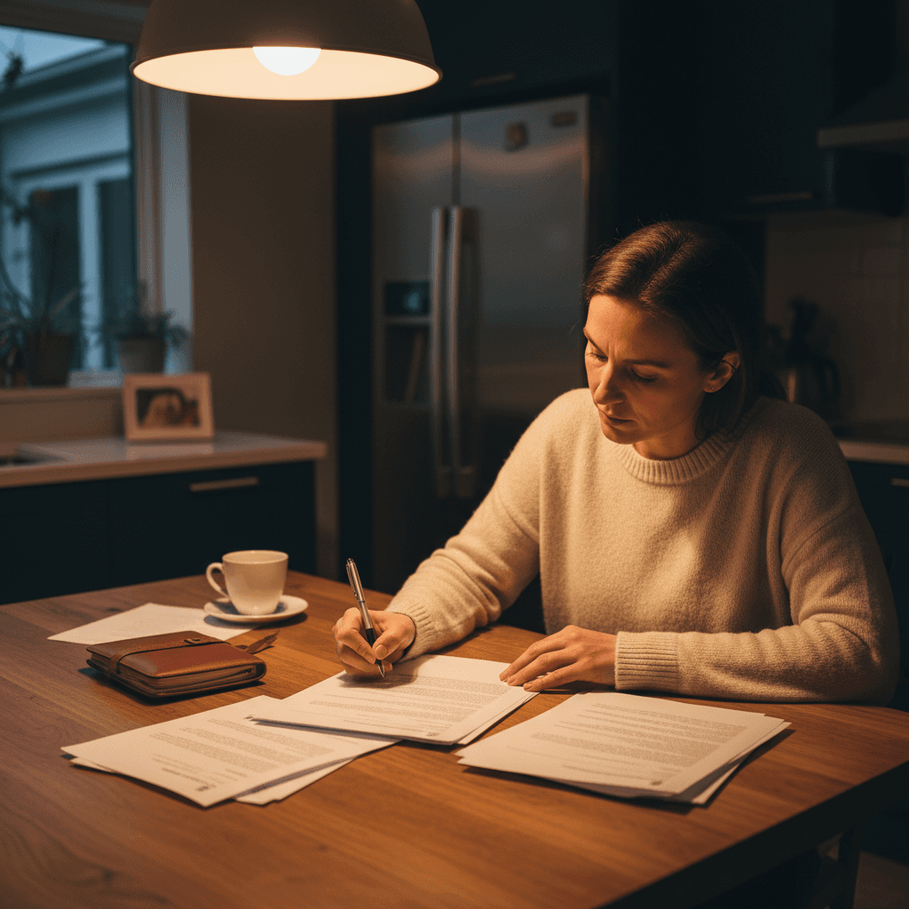 Person signing a document at a kitchen table in the evening with warm lighting