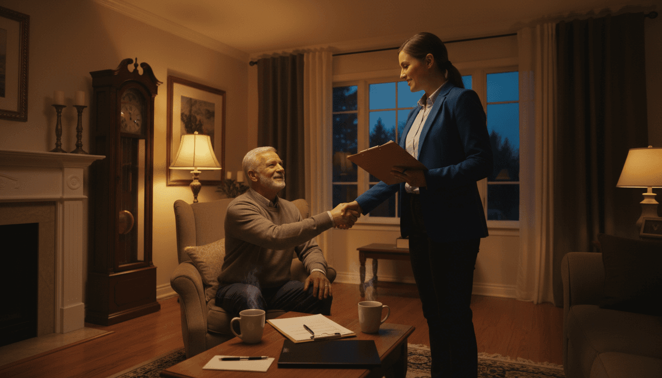 Mobile notary meeting a client at their home in the evening