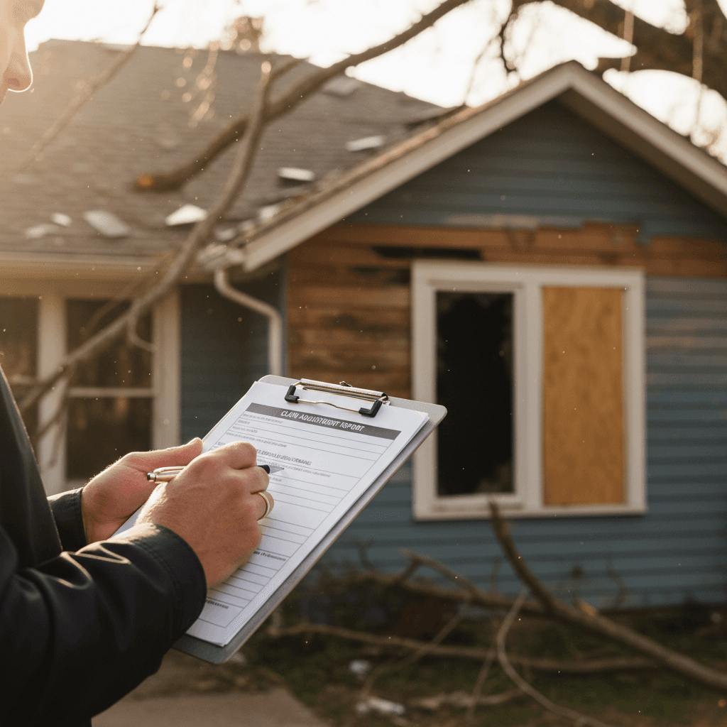 Claims adjuster reviewing a property damage claim checklist