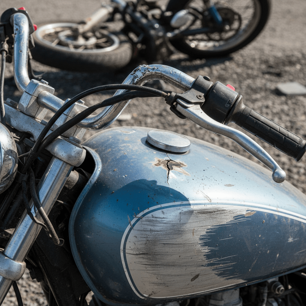 Close-up of a scratched motorcycle fuel tank after a crash
