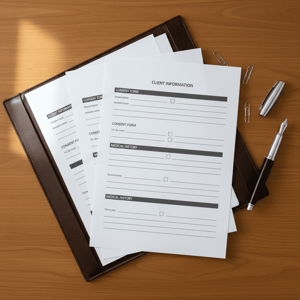 Folder of completed paperwork with a pen on a wooden table