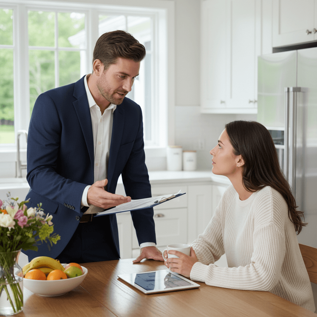 Male representative in casual clothes reviewing documents with woman at her kitchen table