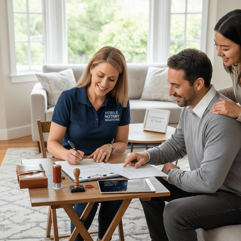 Notary witnessing a document signing in a client's living room, showcasing mobile notary convenience