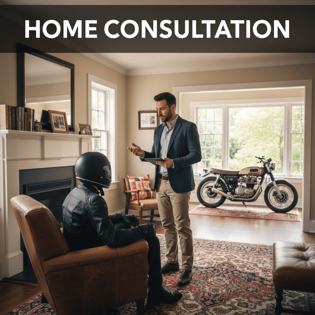 Motorcyclist wearing a helmet talking with a professional at home