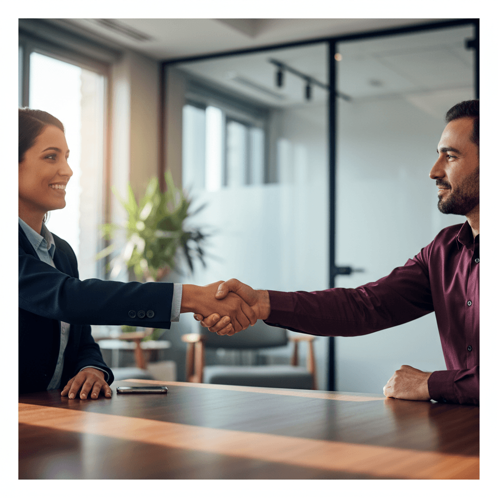 Professional handshake between a client and a lawyer in a modern office