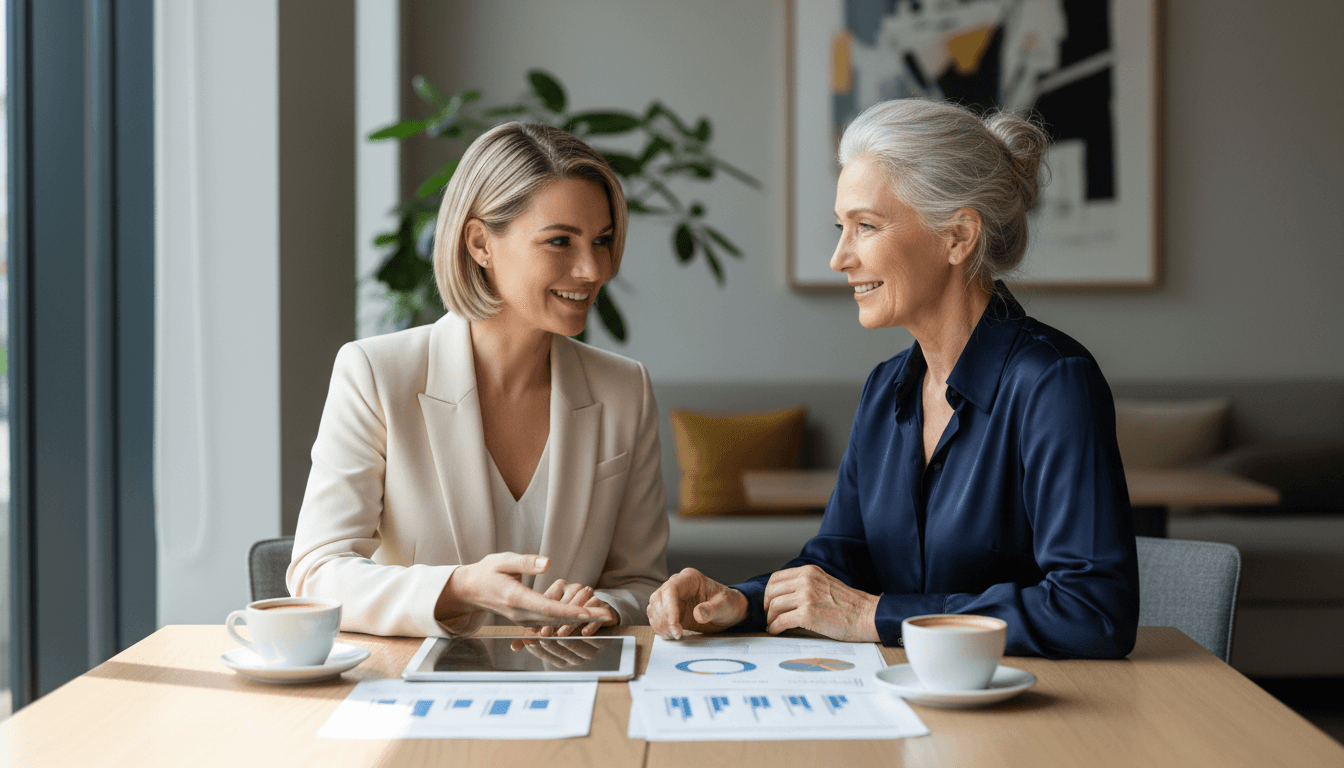 woman sitting at a kitchen table talking with a calm advisor