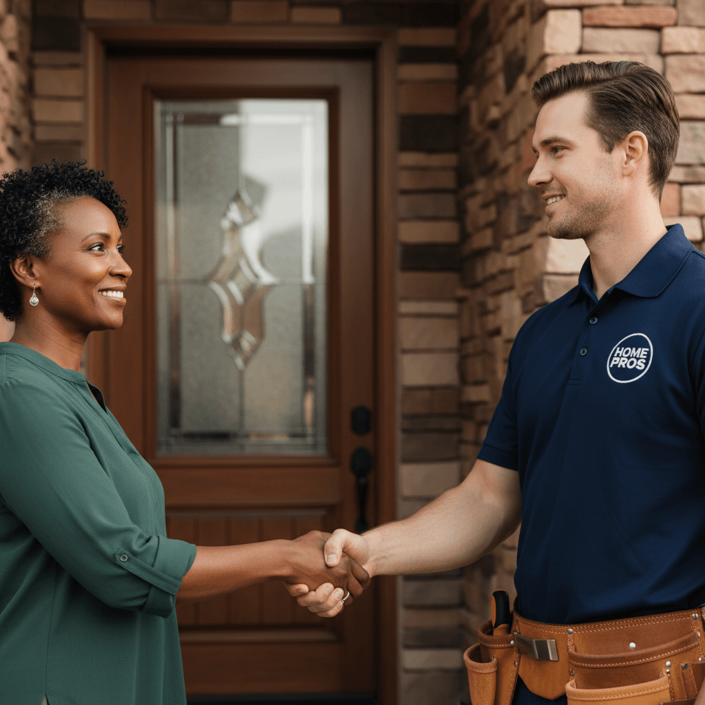 Homeowner and professional contractor shaking hands at residential home entrance, establishing trust and service agreement