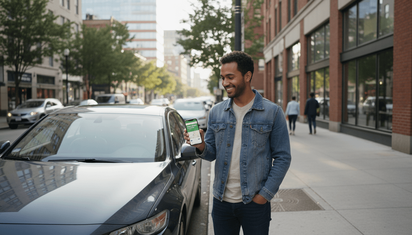Person using a rideshare app on a smartphone while waiting for a ride on a city street