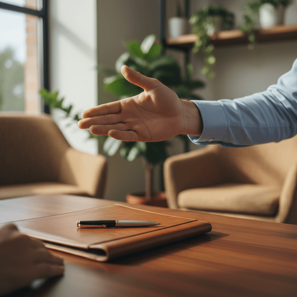 Two people shaking hands in a home office, concluding a meeting