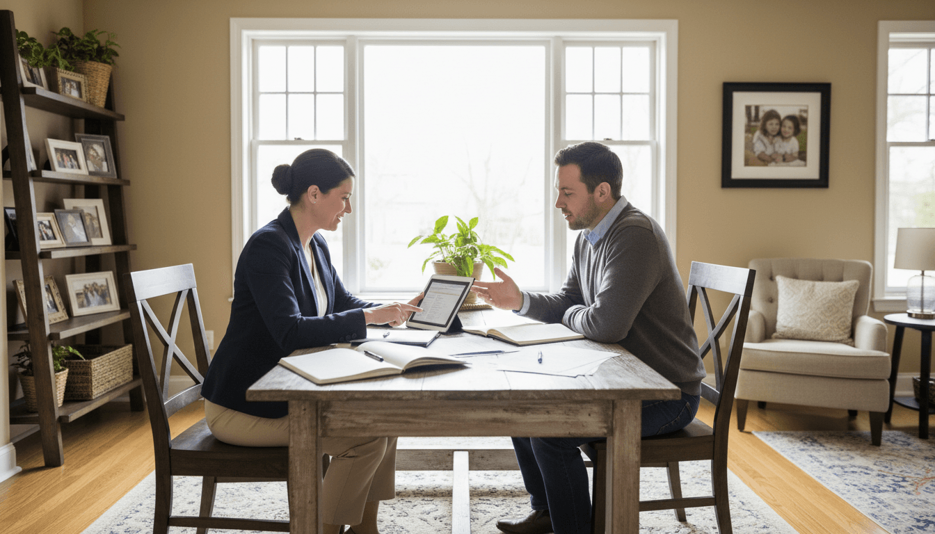 Professional meeting a client in a living room for an in-person consultation