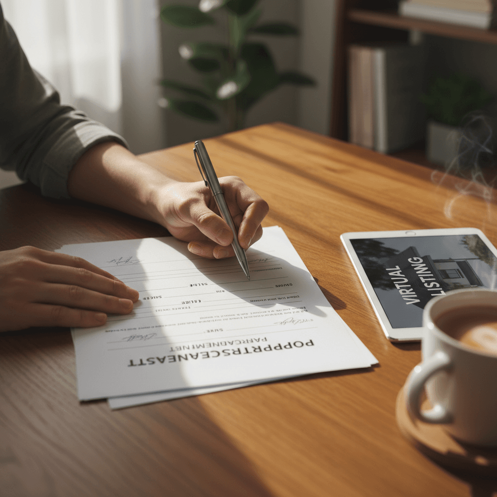 Hand signing paperwork on a kitchen table with natural daylight