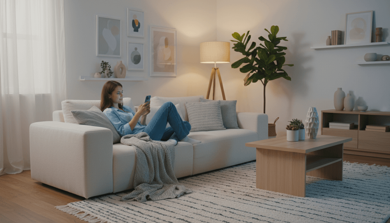 Person sitting calmly on a couch talking on phone in a bright modern living room