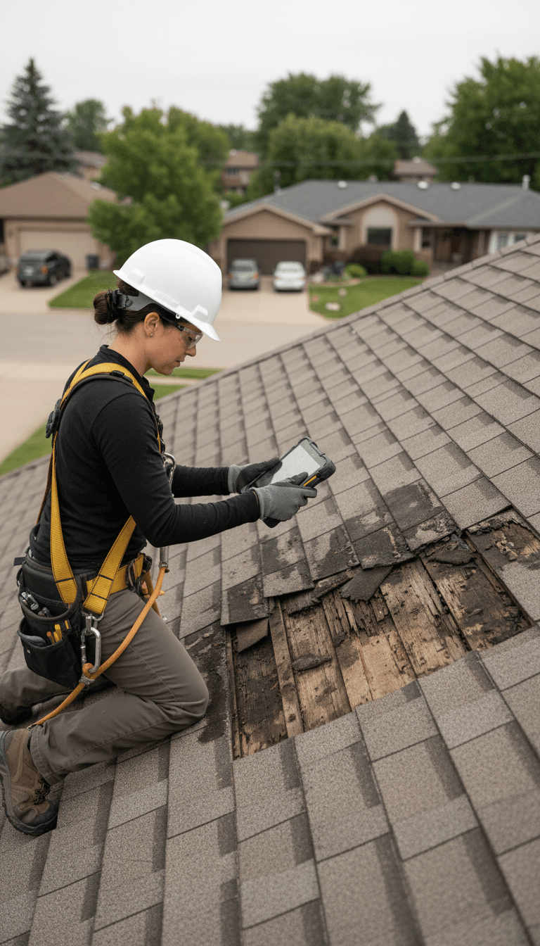 Roofer in safety gear examining damaged roof shingles and water staining on residential house
