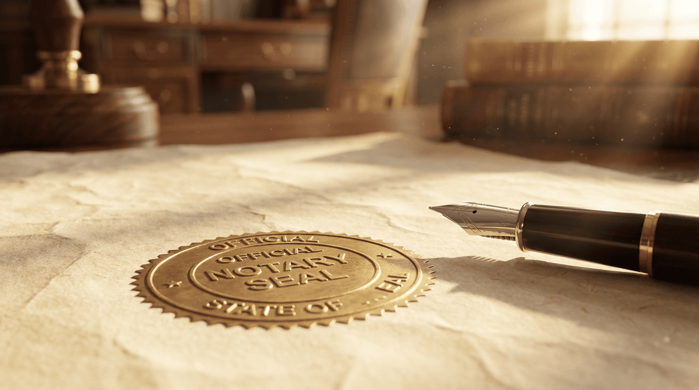 close up of a notary stamp on a document with a pen nearby