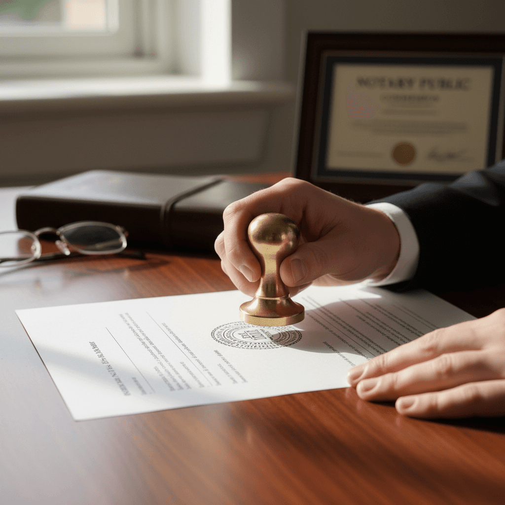 Notary stamping a document on a table in a home office