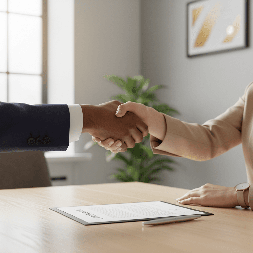 Consultant and client handshaking over signed loan documents, symbolizing successful mortgage closing