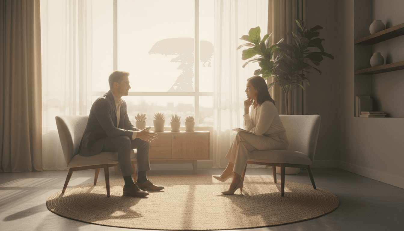 Male professional meeting with a client in a living room, reviewing documents together