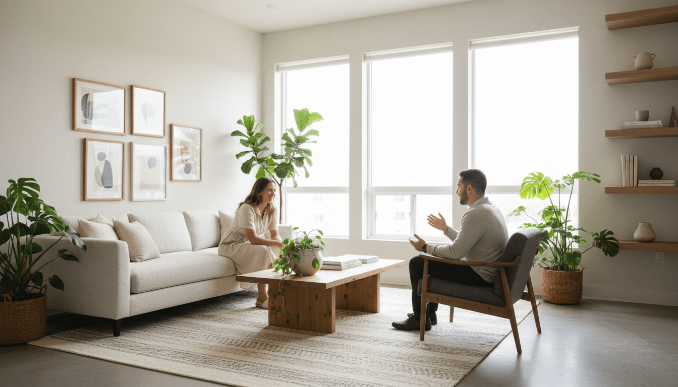 Person holding clipboard sitting across from another person in a cozy living room