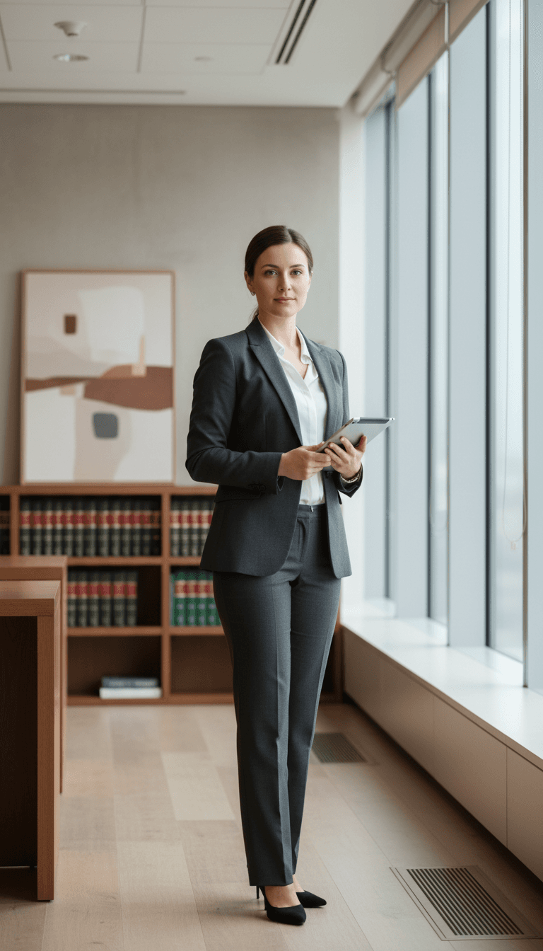 professional smiling attorney in a clean modern office with a tablet