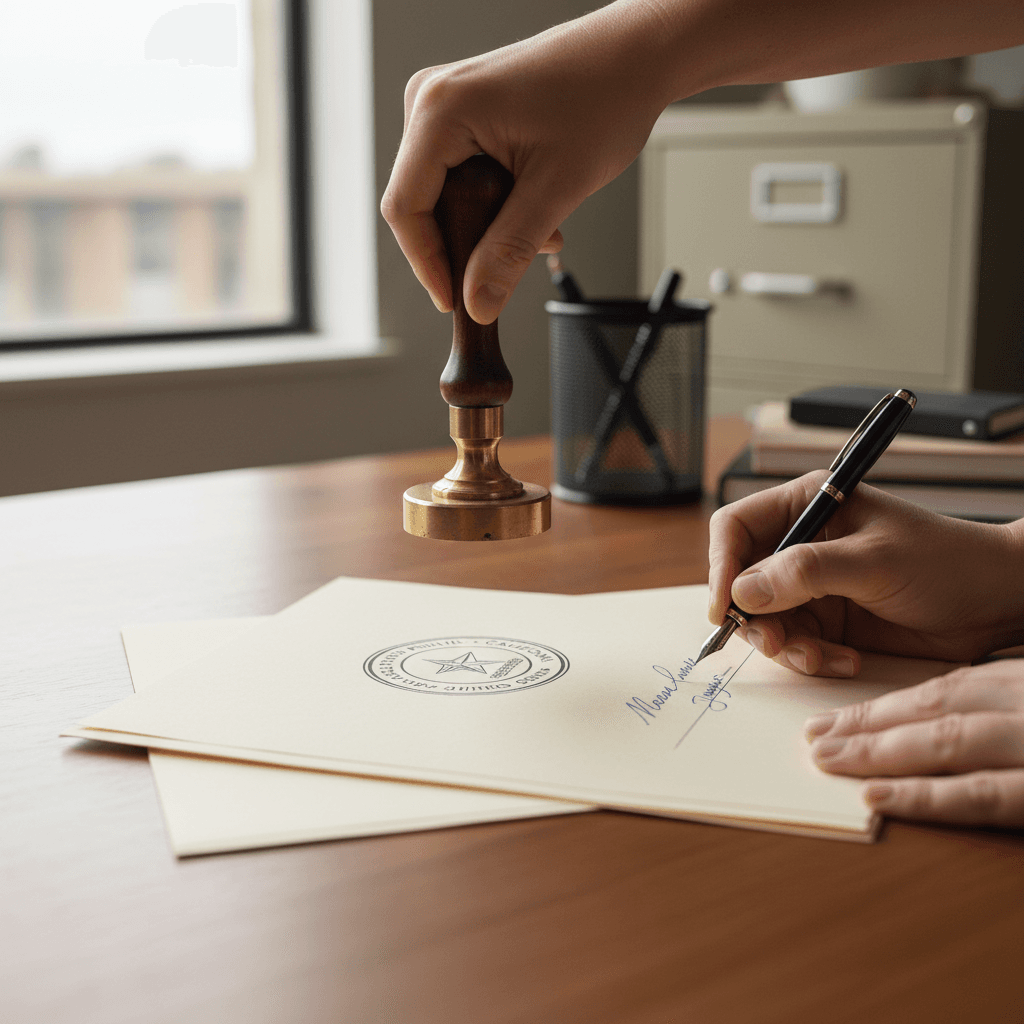 Professional notary stamp and documents on a wooden surface